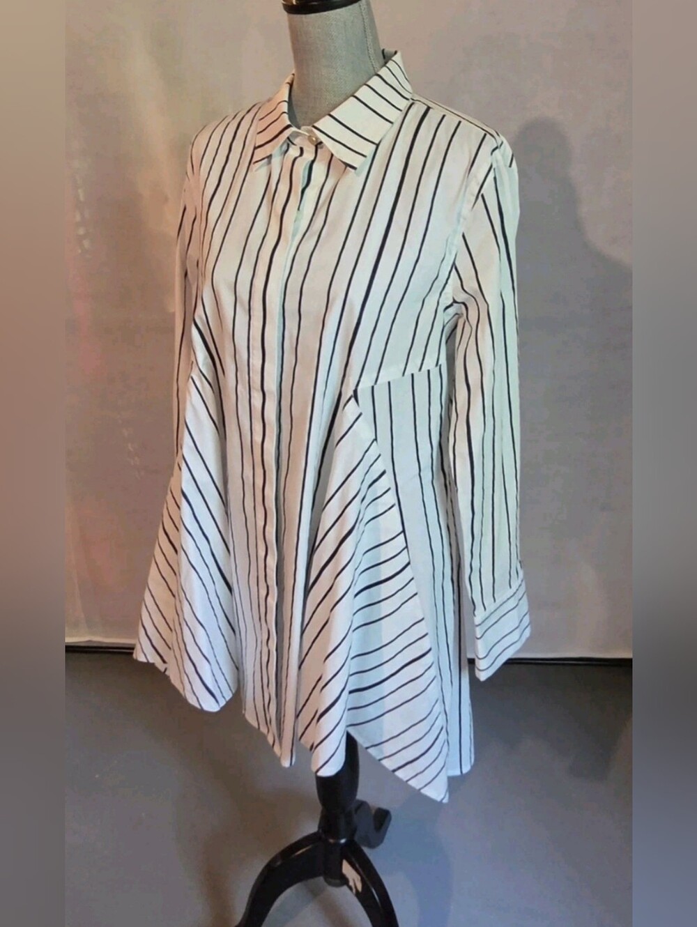 ​DONNA KARAN NEW YORK Striped High-Low Flared Tunic Shirt Size L